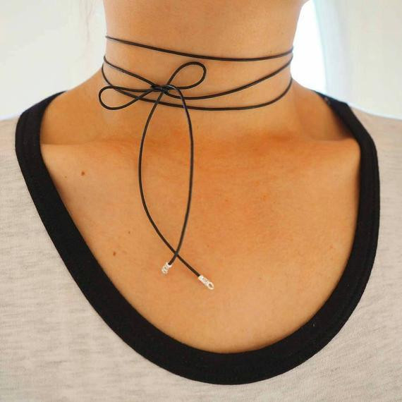 Thin Black Choker Necklace
 Ultra Thin Black Leather Bow Choker Wrap by DianaHoDesigns
