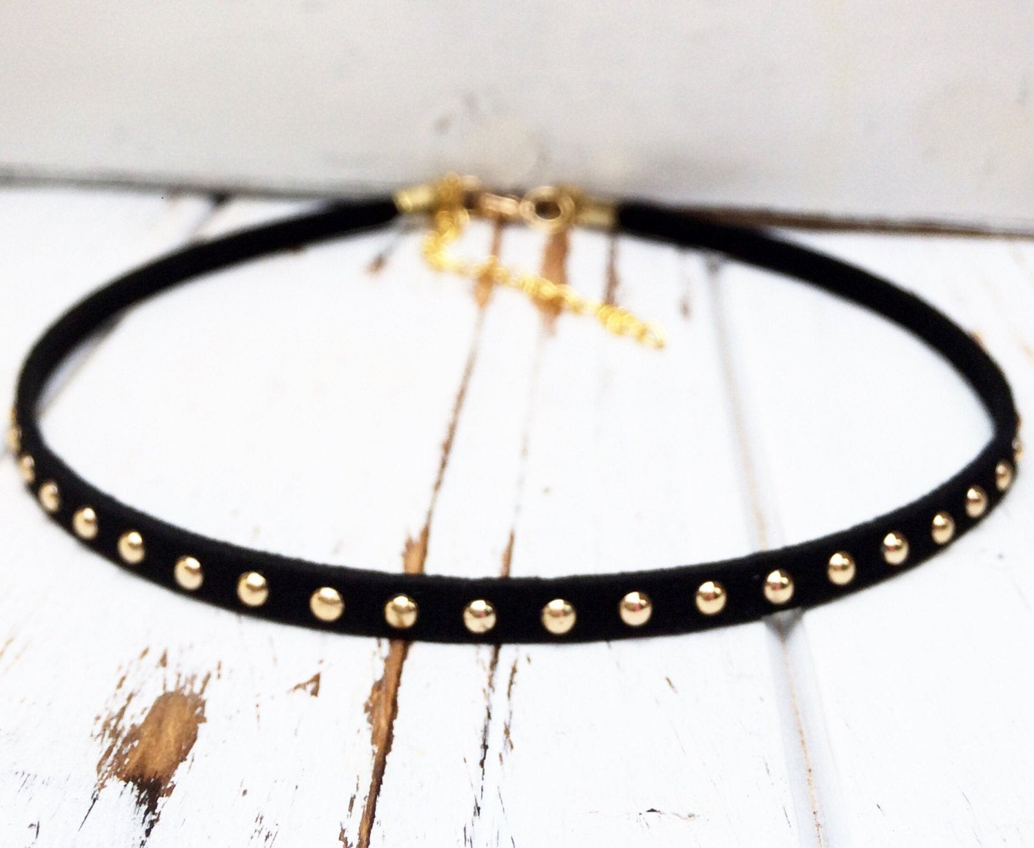 Thin Black Choker Necklace
 Thin studded choker necklace black and gold choker faux