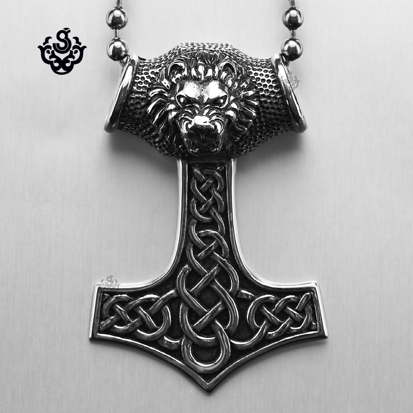 Thor's Hammer Necklace
 Silver Thor s Hammer pendant stainless steel lion head