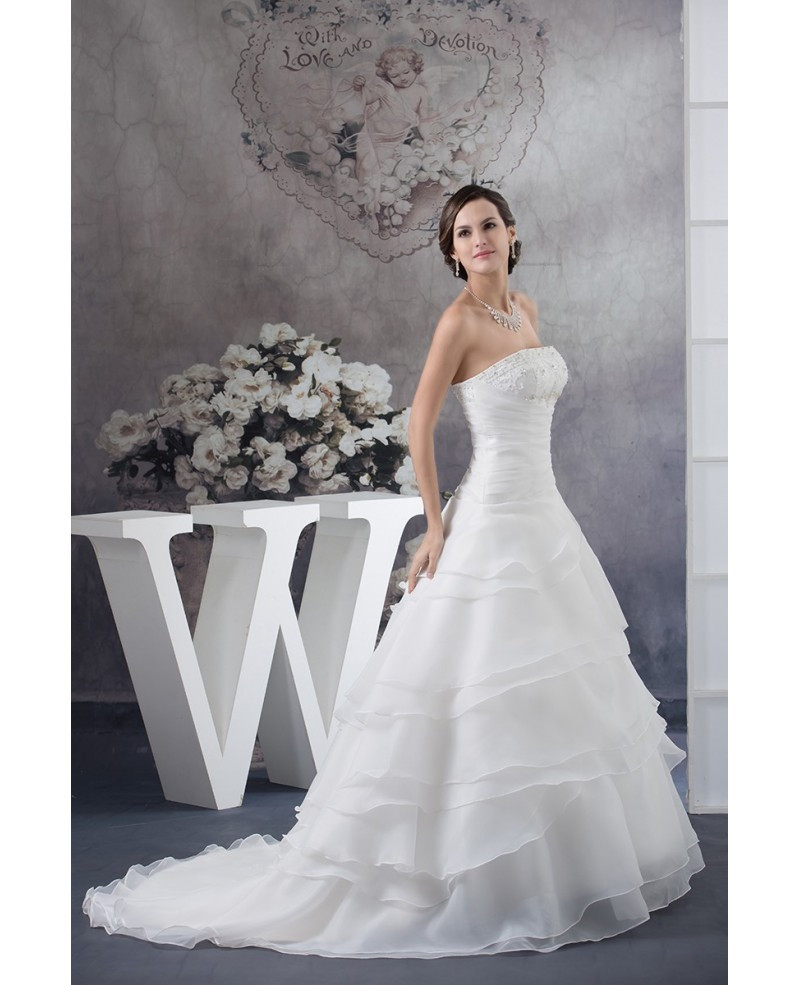 Tiered Wedding Dress
 Strapless Ball Gown Beaded Tiered Organza Wedding Dress