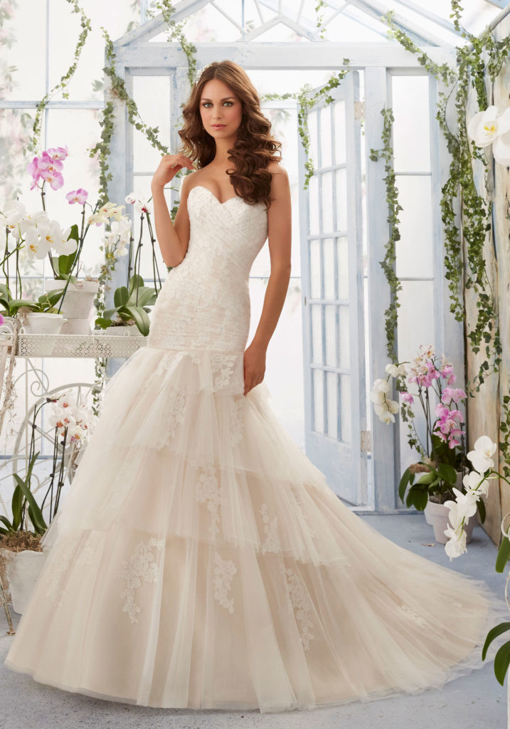 Tiered Wedding Dress
 Soft Net Overlays Alencon Lace Appliques Tiered Morilee