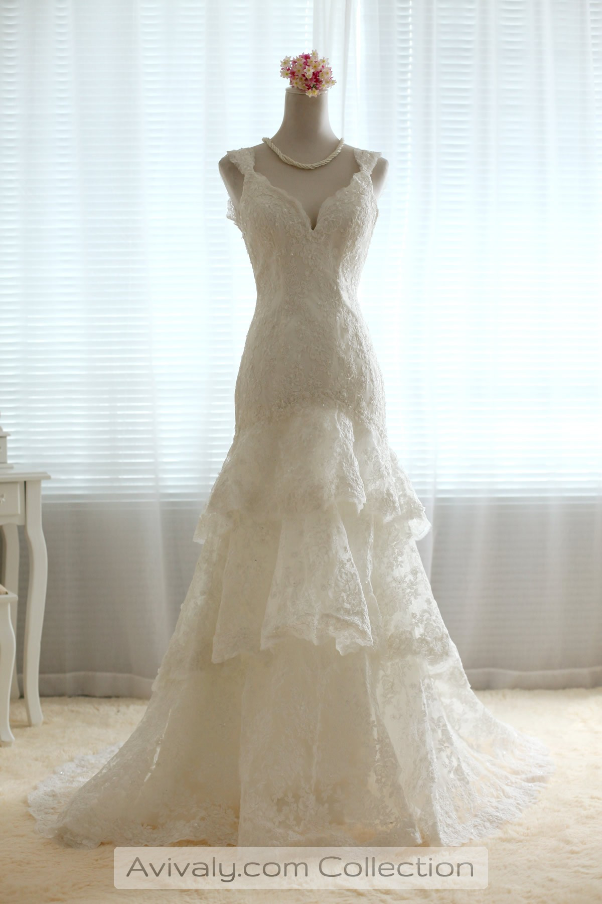 Tiered Wedding Dress
 Ellie V neck Open Back Tiered Lace Bridal Dress