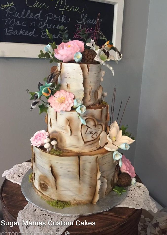 Tree Stump Wedding Cake
 Birch bark tree stump wedding cake with flowers and