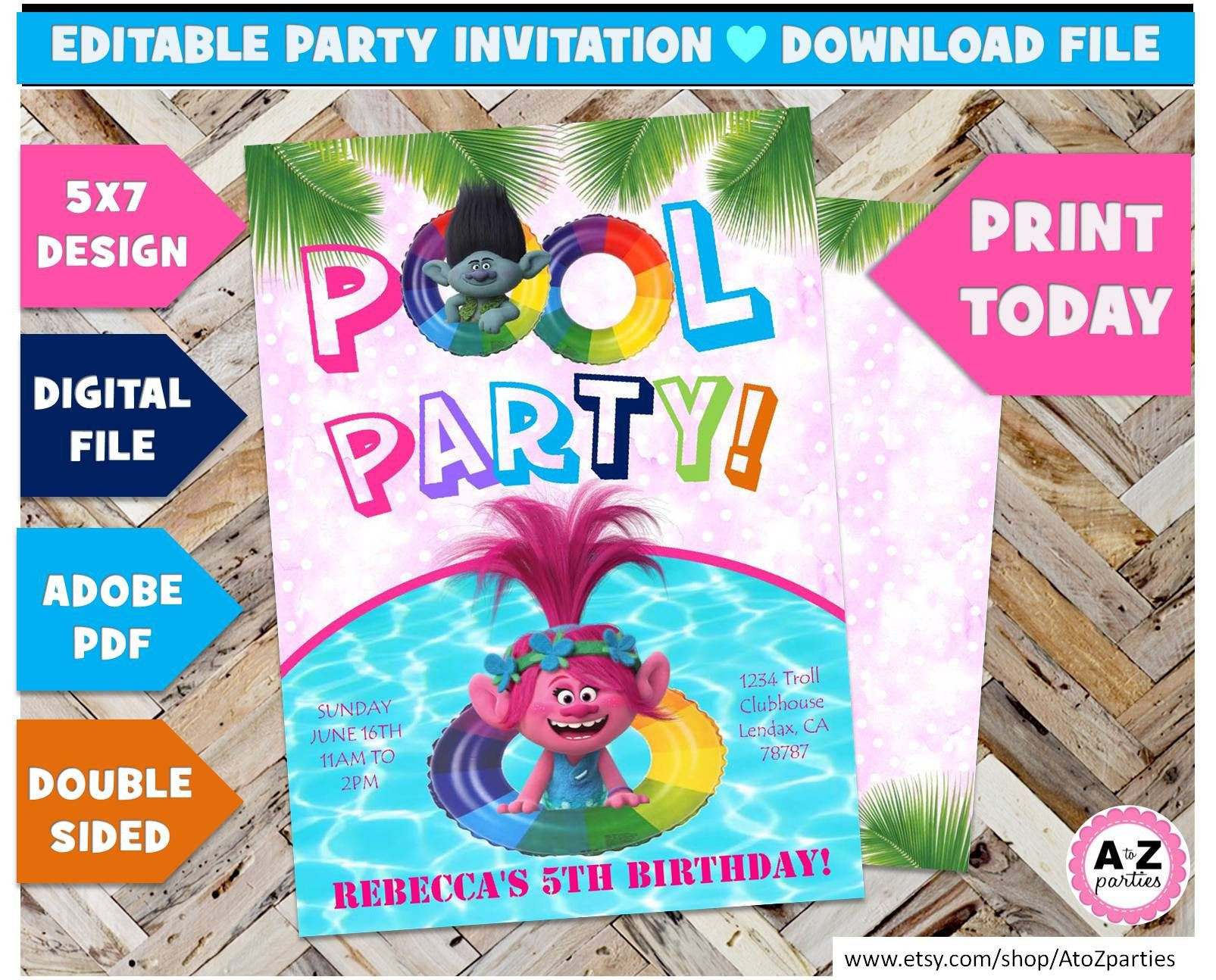 Trolls Pool Birthday Party Ideas
 Trolls Pool Party birthday invitation Editable Trolls