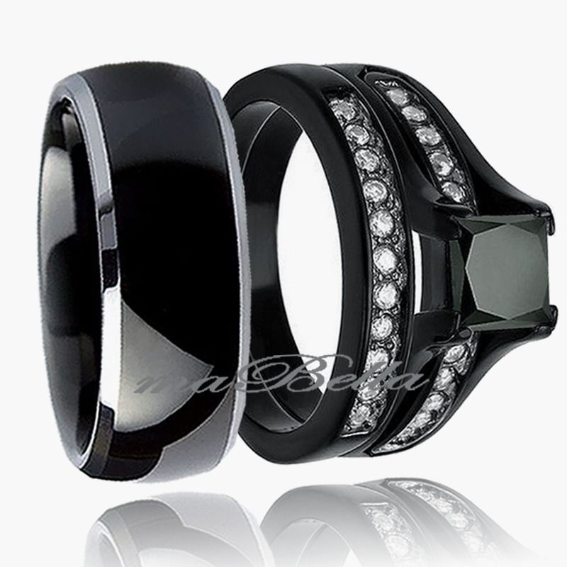 Tungsten Wedding Band Sets
 Hers Black 925 Sterling Silver & His Tungsten engagement