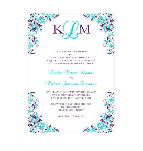 Turquoise And Purple Wedding Invitations
 Kaitlyn Wedding Invitation Purple Turquoise Wedding