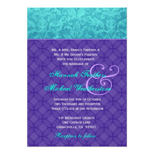 Turquoise And Purple Wedding Invitations
 Royal Purple and Aqua Blue Damask Wedding G500 5" X 7