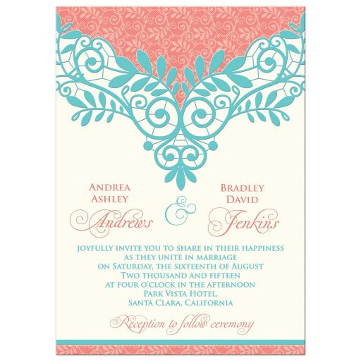 Turquoise And Purple Wedding Invitations
 Wedding Invitation Vintage Lace Coral Turquoise