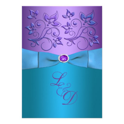 Turquoise And Purple Wedding Invitations
 Purple Turquoise Floral Monogram Wedding Invite 5" X 7