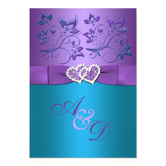 Turquoise And Purple Wedding Invitations
 Purple Teal Floral Hearts Monogram Wedding Invite