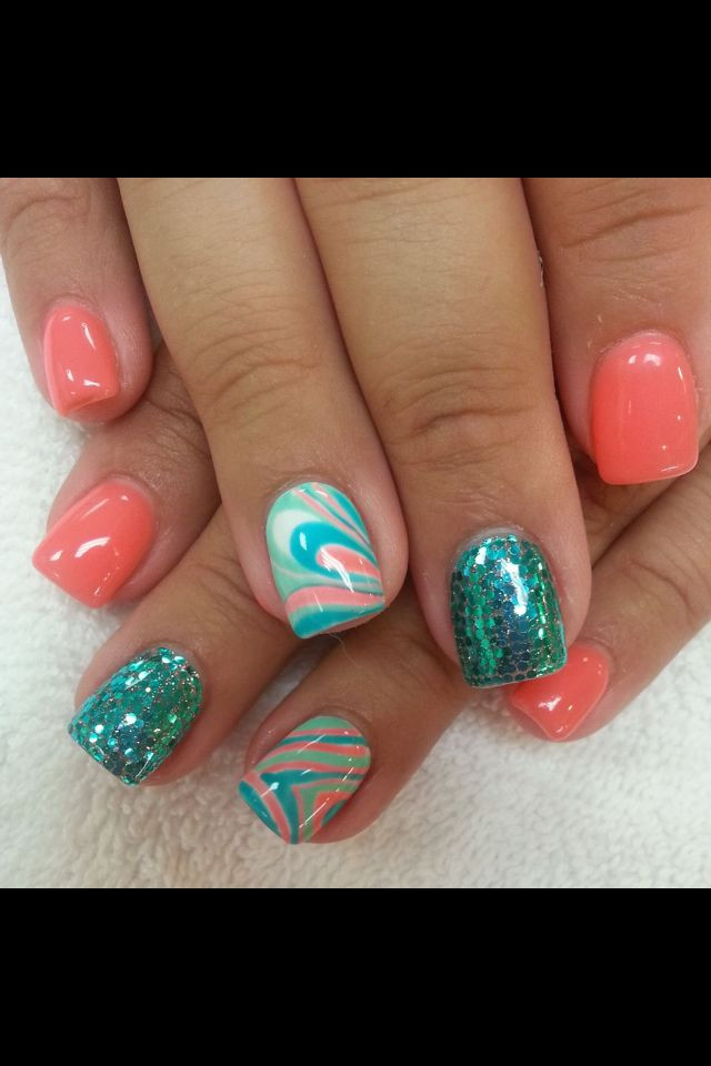 Turquoise Nail Ideas
 Swirls coral & turquoise