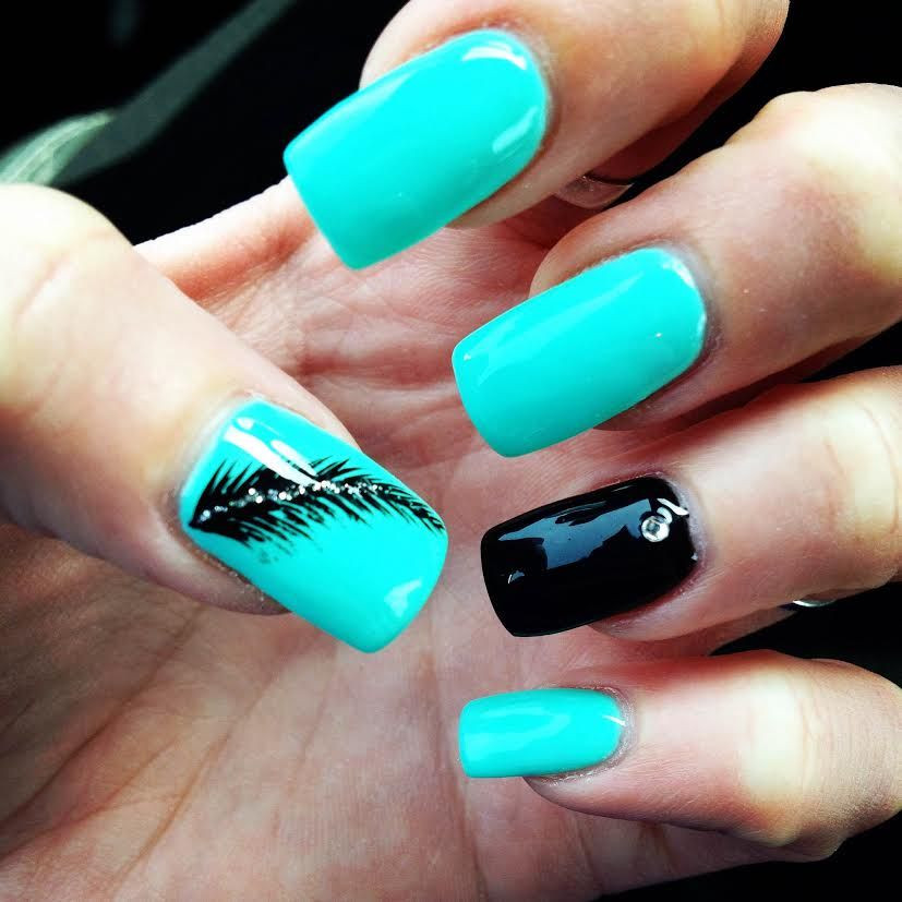 Turquoise Nail Ideas
 Turquoise Nails with Feather Nail Art and Black Accent