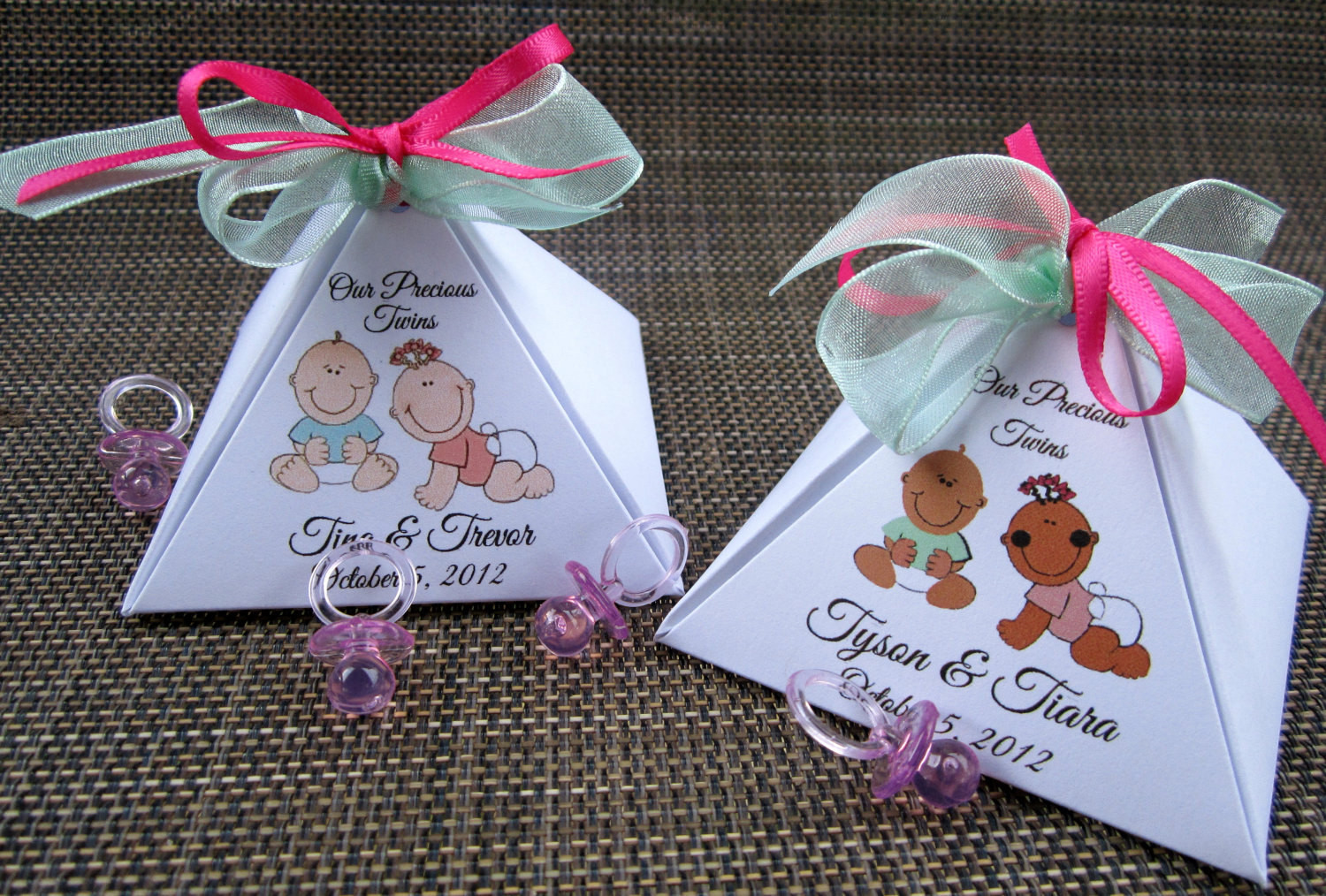 Twins Baby Shower Party Favors
 Items similar to TWINS PERSONALIZED Pyramid Baby Shower
