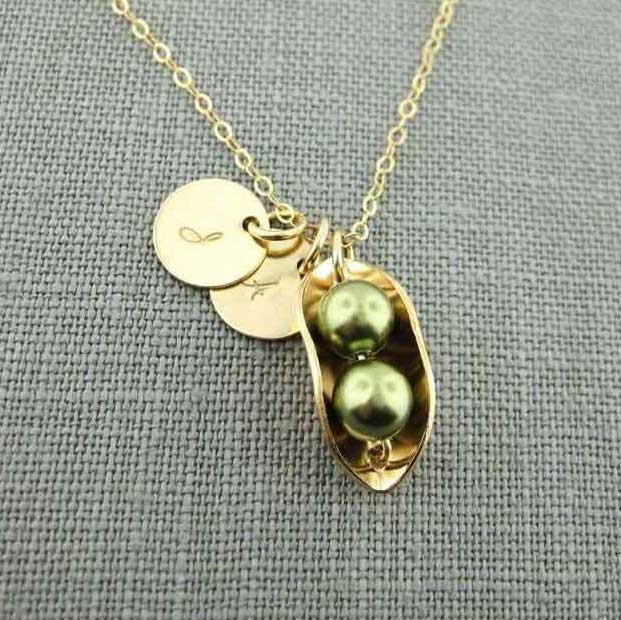 Two Peas In A Pod Necklace
 Two Peas in a Pod Necklace with Two Initial Charms 14K Gold