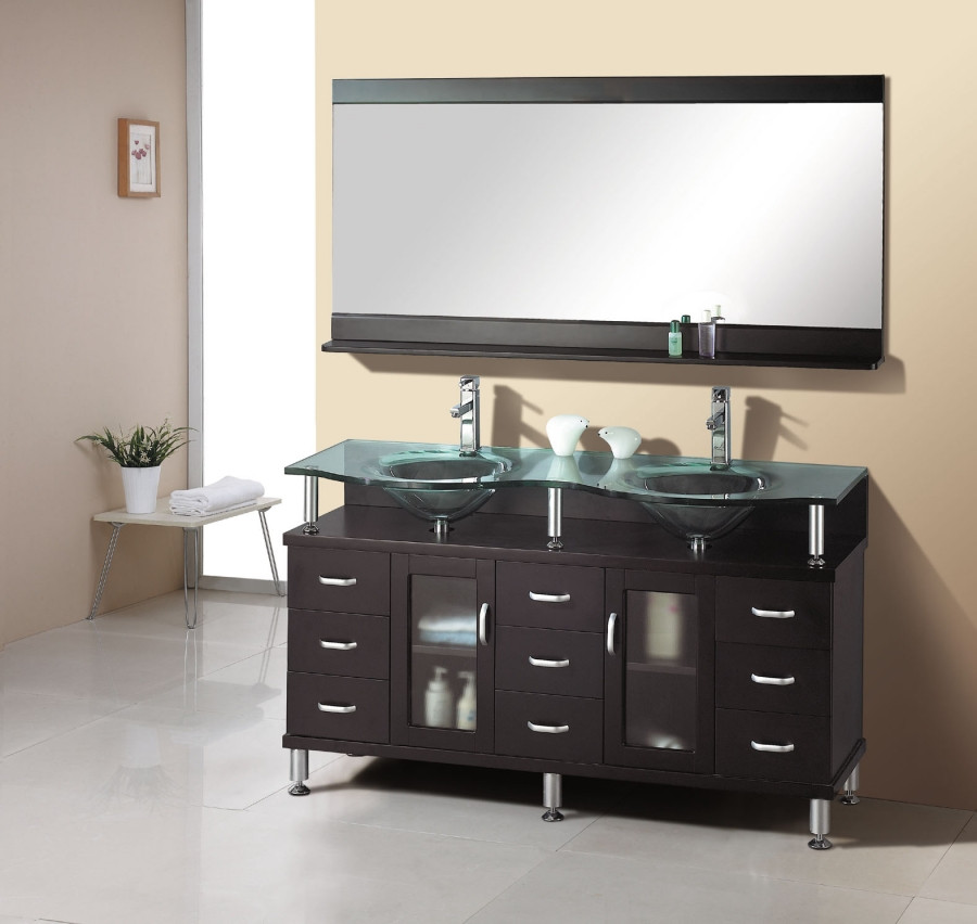 Two Sink Bathroom
 61 Inch Double Sink Bathroom Vanity in Espresso with Glass