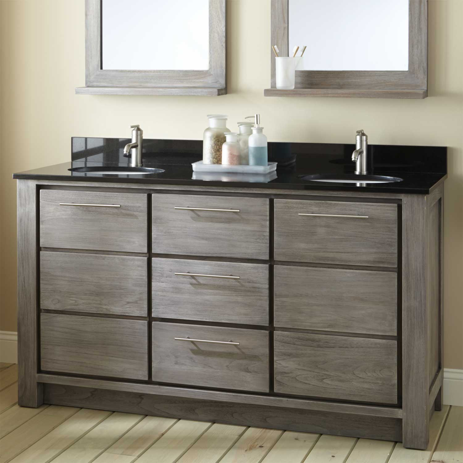 Two Sink Bathroom Vanity
 72" Venica Teak Double Vessel Sinks Vanity Gray Wash