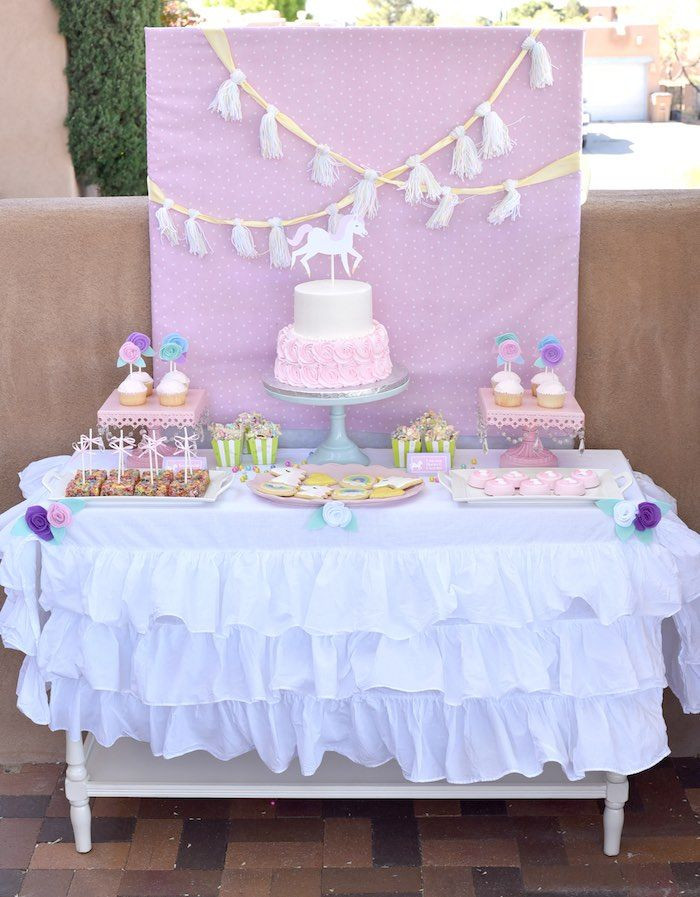 Unicorn Party Table Ideas
 Dessert table from a Pastel Unicorn Themed Birthday Party