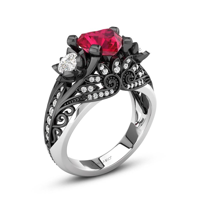 Vancaro Wedding Rings
 VANCARO Elegant Black Lotus Flower Ring With Red And White