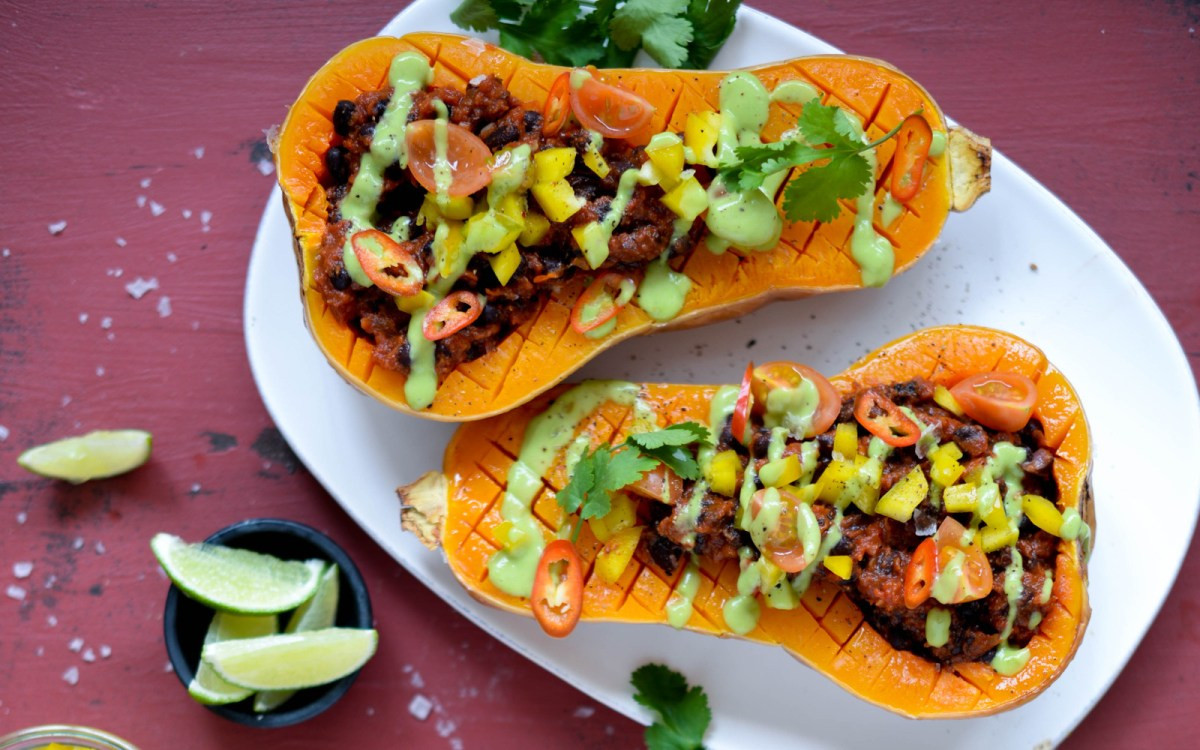 Vegan Refried Beans Recipes
 Taco Stuffed Butternut Squash With Refried Black Beans
