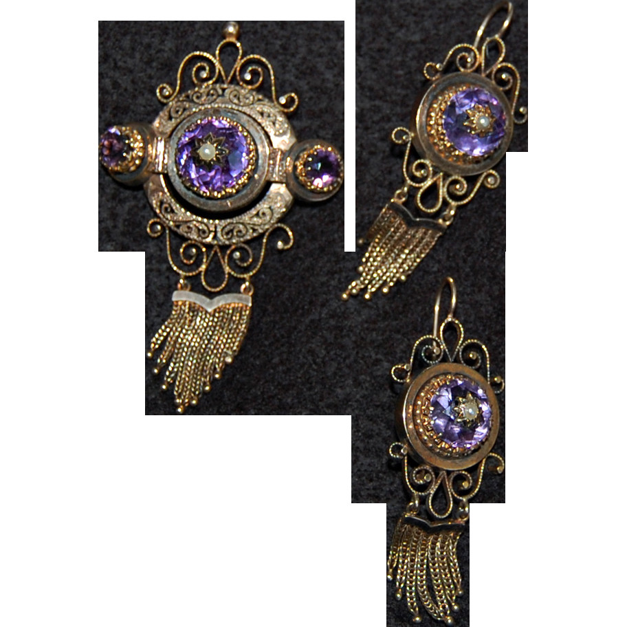 Victorian Brooches
 Very fine Victorian BROOCH & EARRING SET Amethyst Pearl