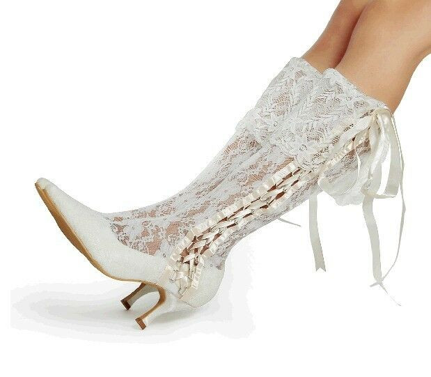 Victorian Wedding Shoes
 Handmade Floral Lace Bridal Knee High Boots High Heel