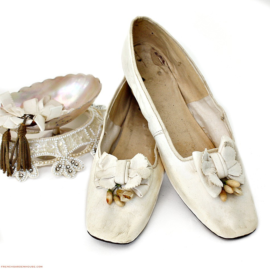 Victorian Wedding Shoes
 Antique French Victorian White Kid Leather & Wax Flowers