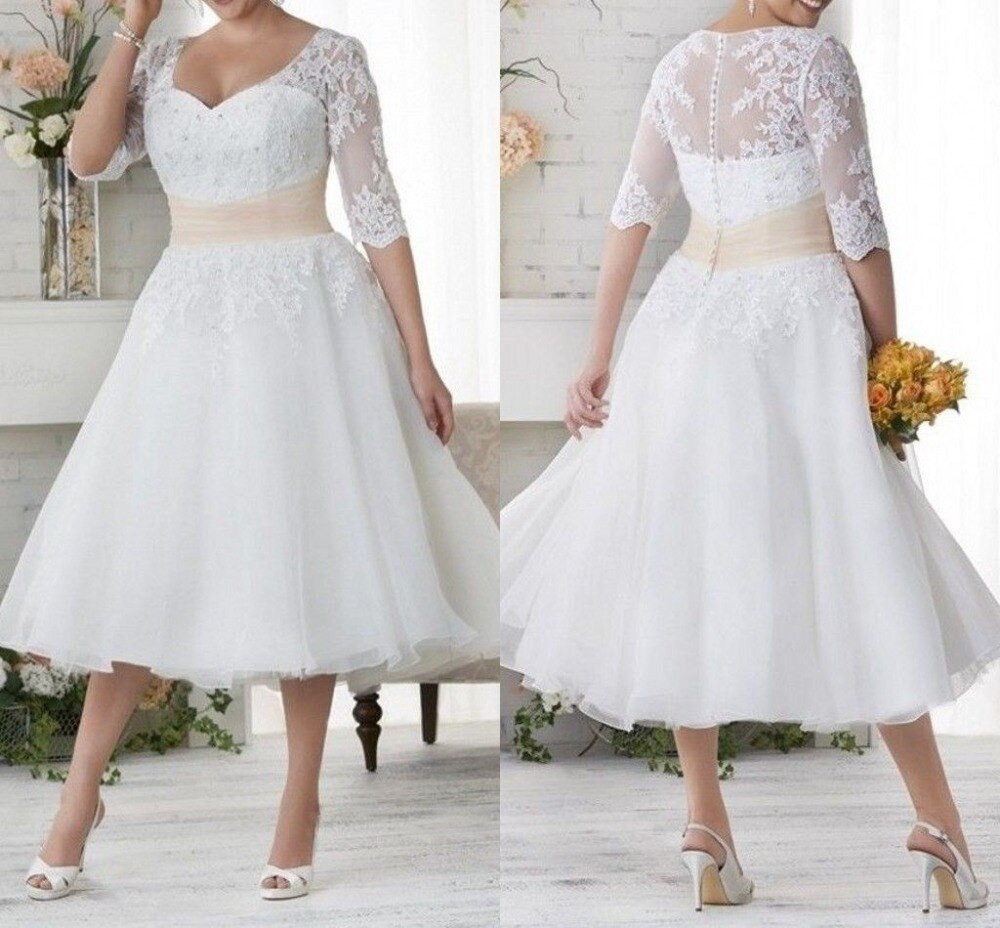 Vintage Tea Length Wedding Dress
 Vintage Tea Length Plus Size Wedding Dresses A Line Lace