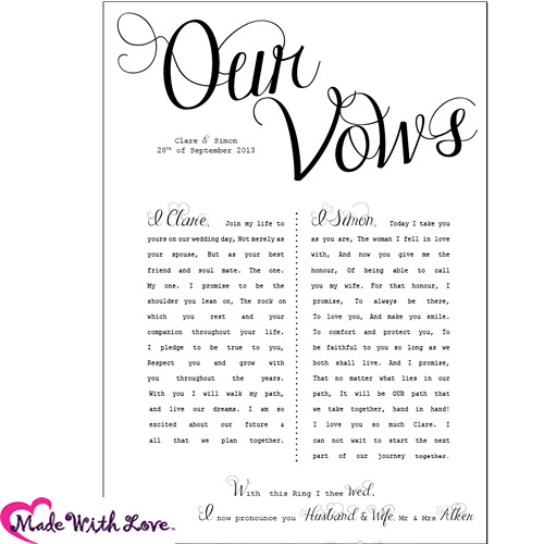 Vows For Wedding
 Wedding Vows printed with your personal wording Perfect