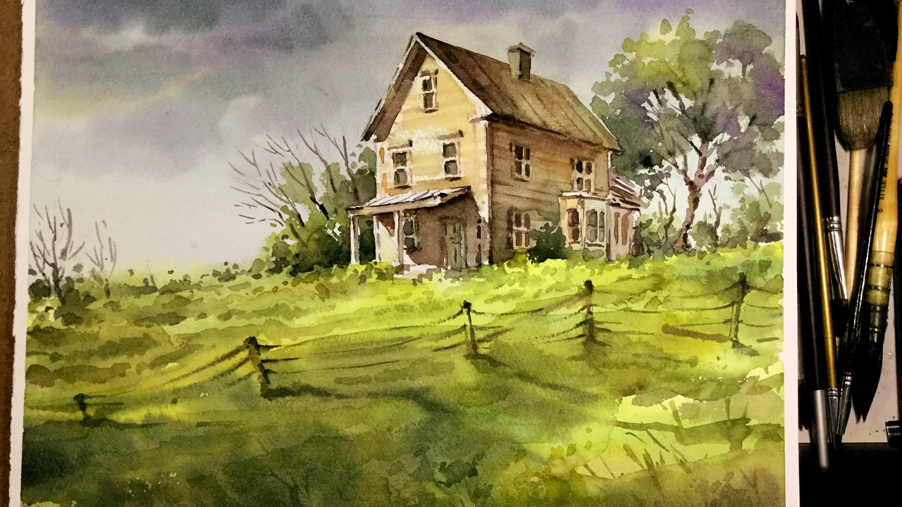Watercolor Landscape Paintings
 Watercolor Landscape Painting Old little house in the