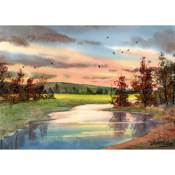 Watercolor Landscape Paintings
 watercolor Painting landscape painting Creek PRINT Sunset tree