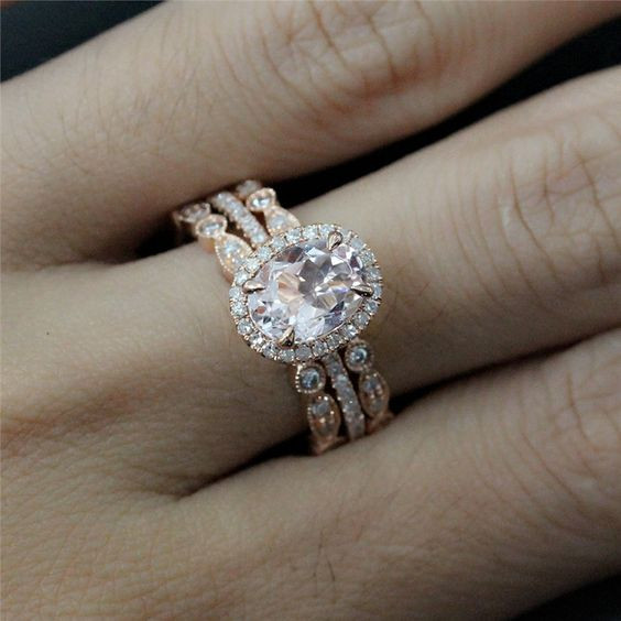 Wedding Band Or Engagement Ring First
 Bridal Ring Set of 8x6mm Morganite Oval Engagement Ring