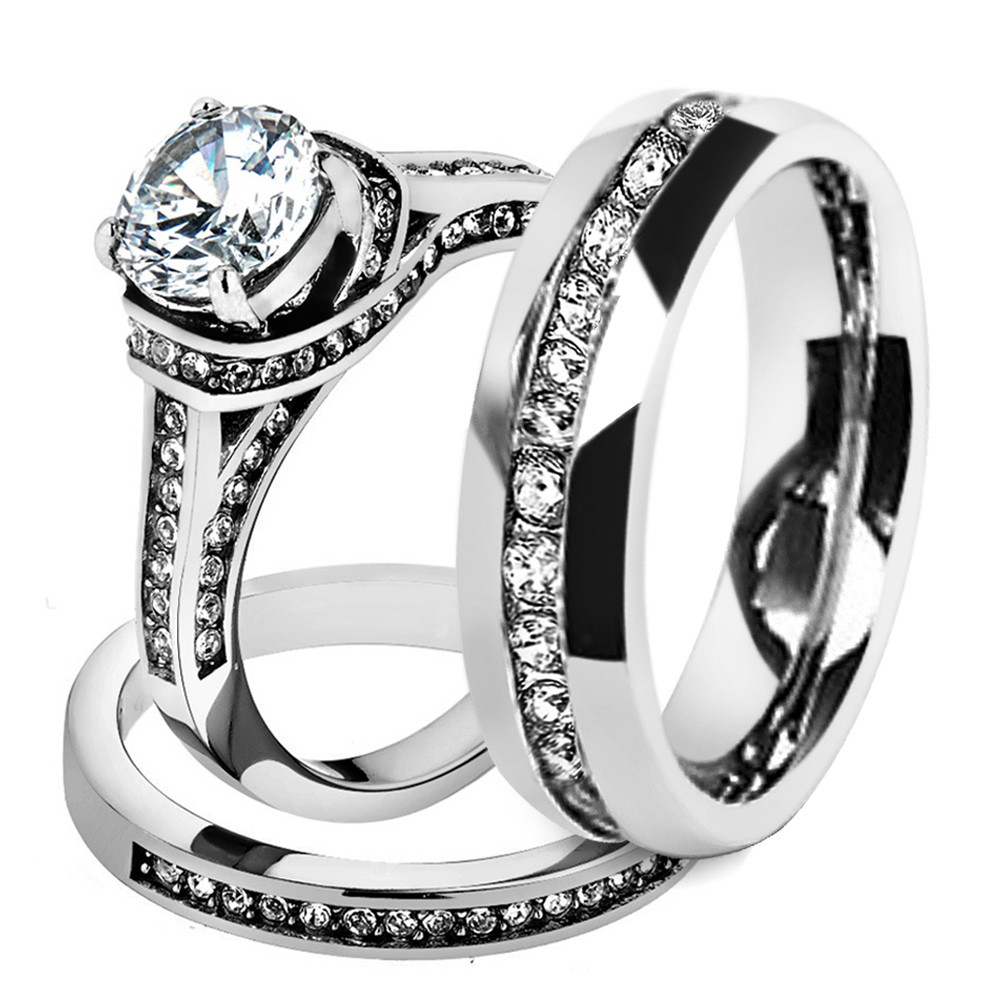 Wedding Band Sets For Women
 His & Hers Stainless Steel 3 Piece Cz Wedding Ring Set and
