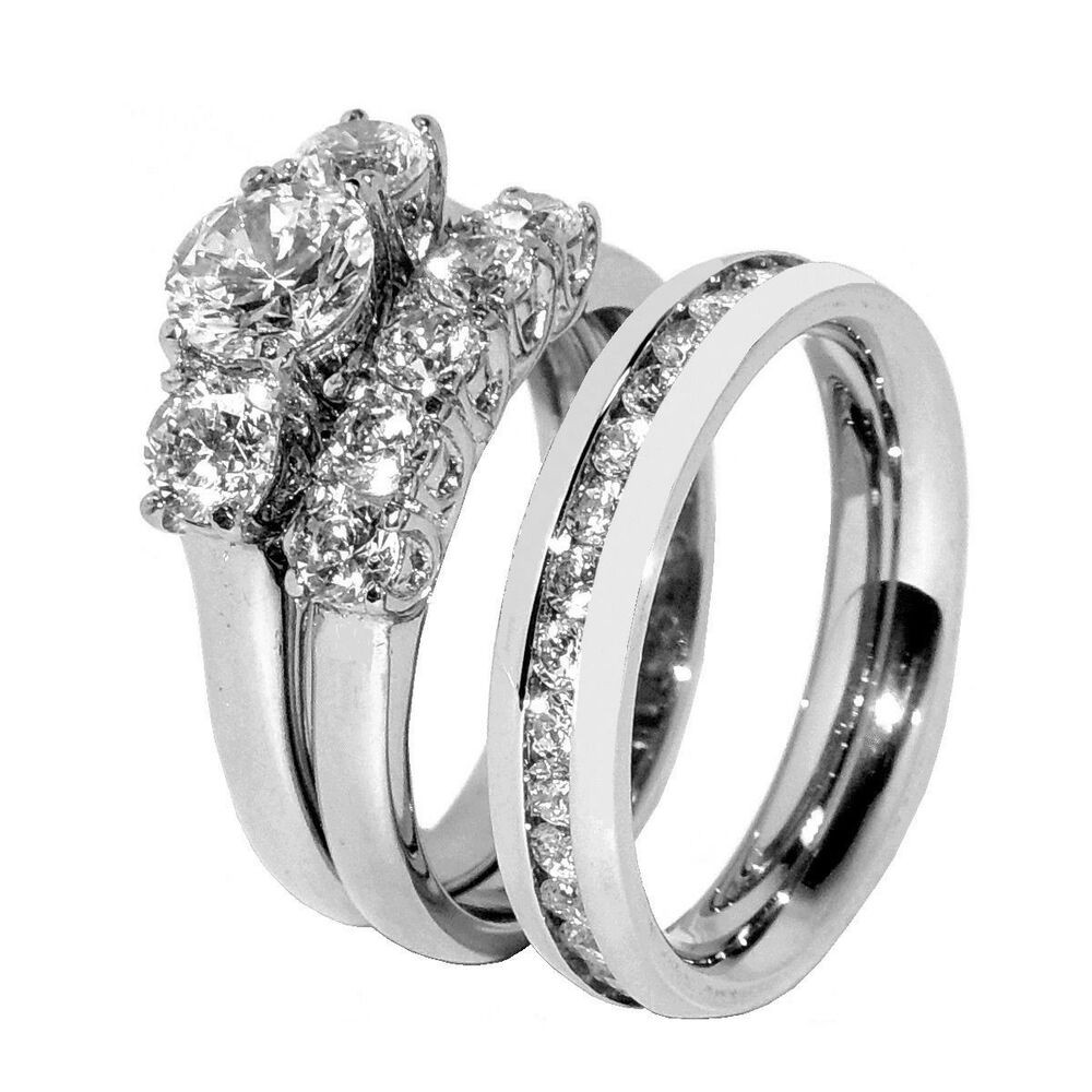 Wedding Band Sets His And Hers
 His Hers 3 PCS Stainless Steel Womens Wedding Ring Set and