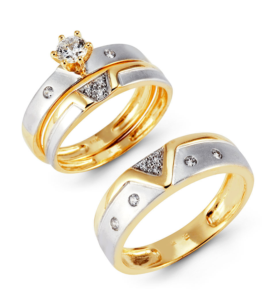 Wedding Bands Sets
 Two Tone 14k Gold CZ Cluster Solitaire Wedding Ring Set