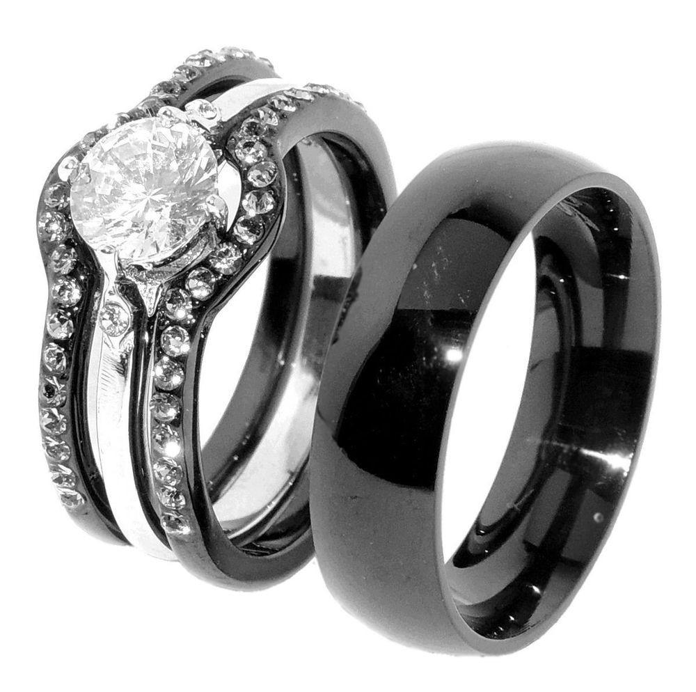 Wedding Bands Sets
 His & Hers 4 PCS Black IP Stainless Steel Women Engagement