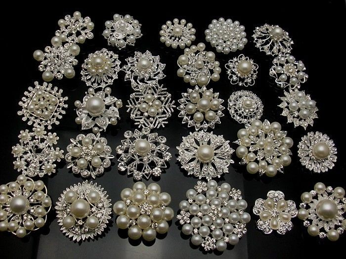 Wedding Brooches
 5 100Silver Pearl Crystal Brooch Button DIY Bridal Wedding