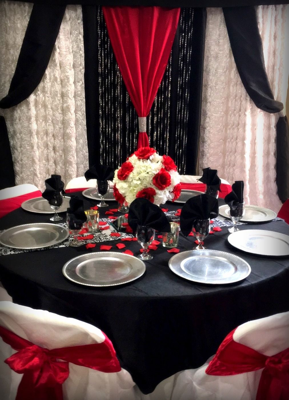Wedding Decorations Red And White
 Red Black and white table with matching backdrop in 2019