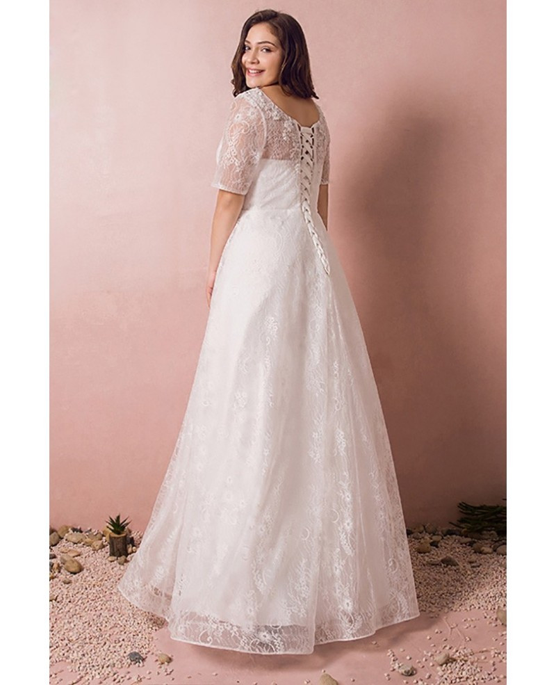 Wedding Dresses Cheap Online
 Modest Lace Short Sleeve Plus Size Wedding Dress With