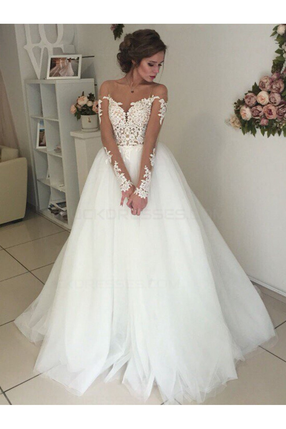 Wedding Dresses Sleeves
 Long Sleeves Lace Illusion Neckline Wedding Dresses Bridal
