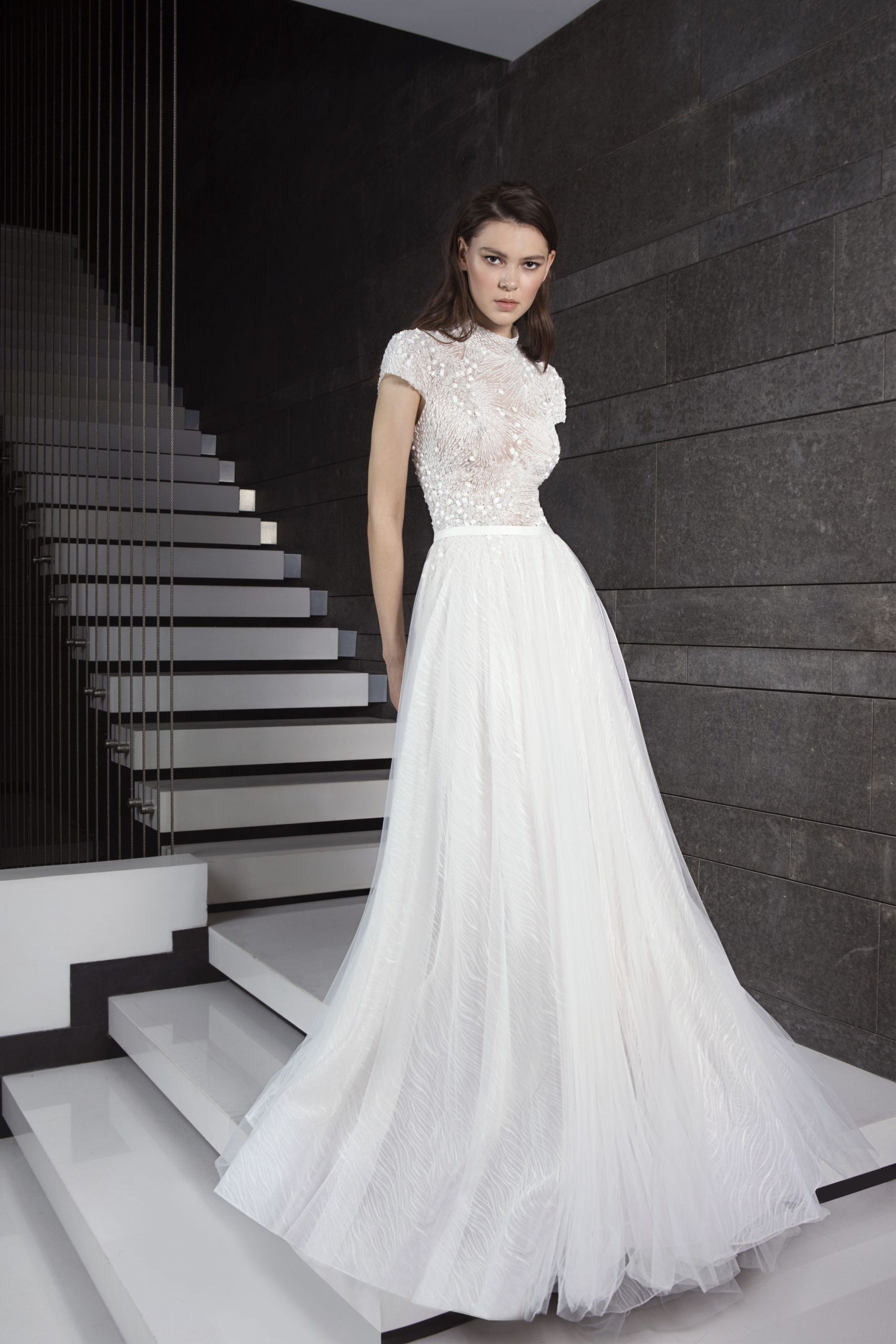 Wedding Dresses With Short Sleeves
 Fully Beaded Short Sleeve Bodice Tulle Skirt Wedding Dress