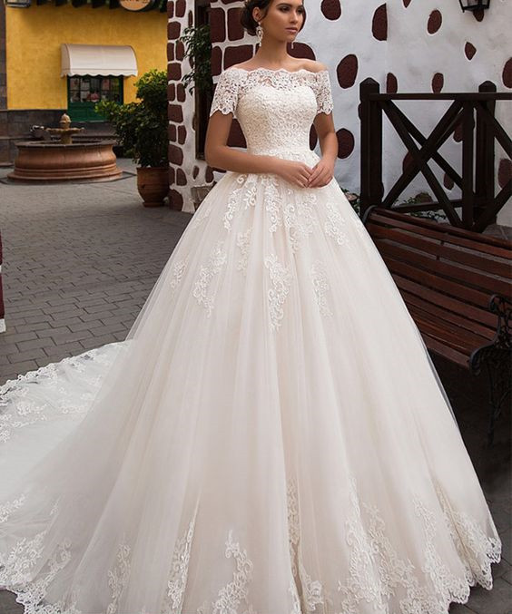 Wedding Dresses With Short Sleeves
 Elegant f the Shoulder Short Sleeves Ball Gown Lace