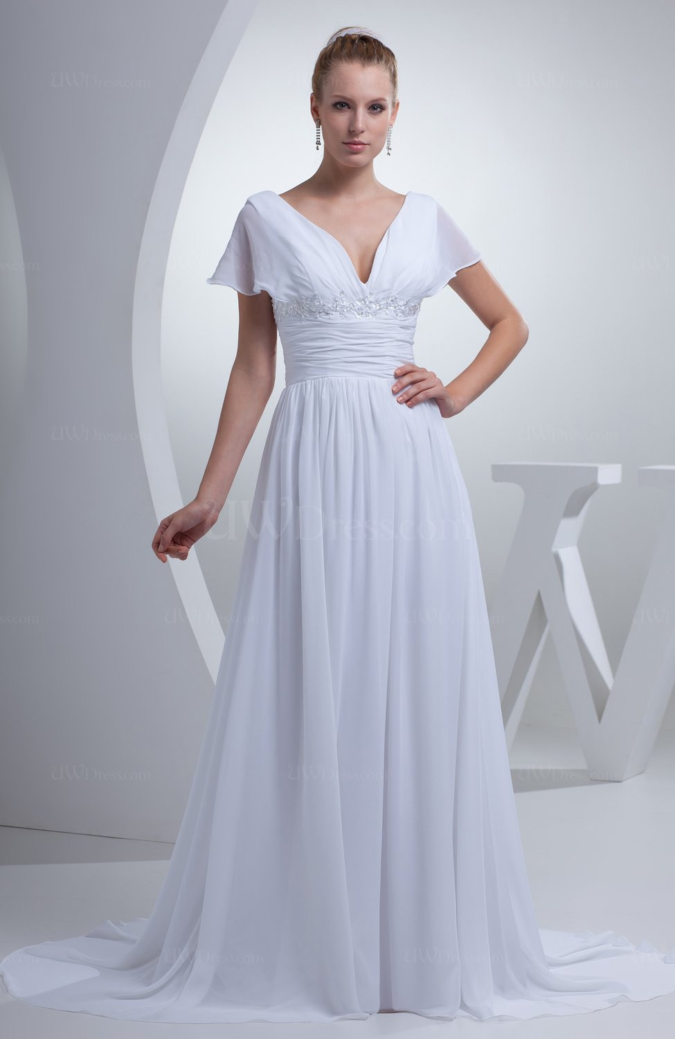 Wedding Dresses With Short Sleeves
 White Plain Hall A line V neck Short Sleeve Chiffon Court