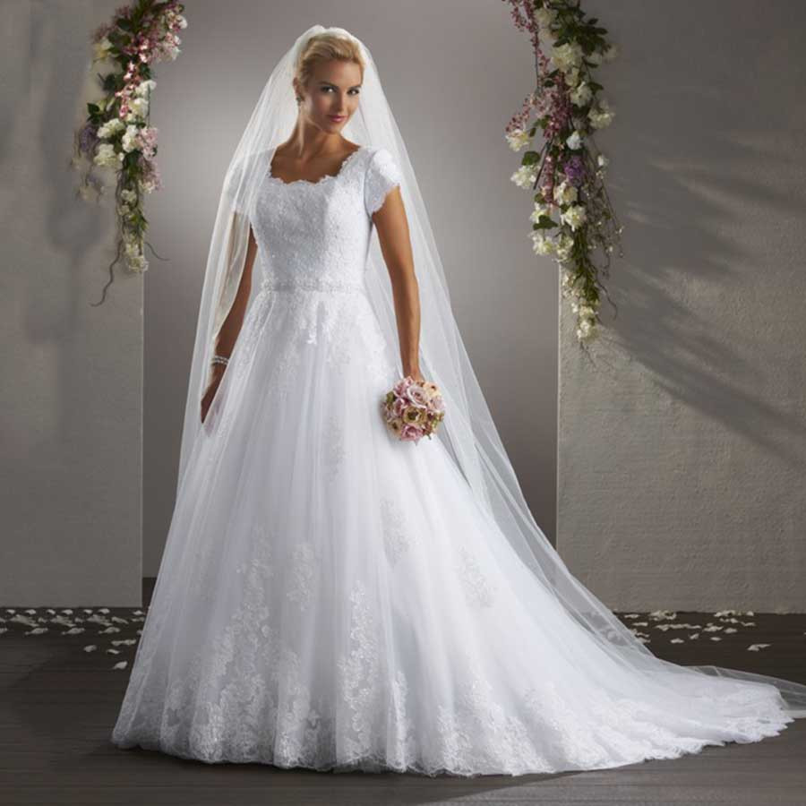 Wedding Dresses With Short Sleeves
 Vestido de Noiva Casamento Cathedral Train Modest Bridal