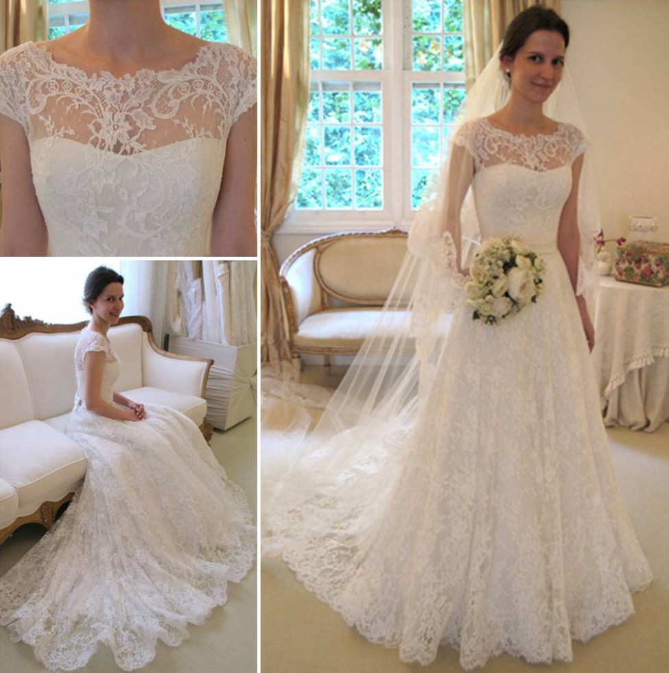 Wedding Dresses With Short Sleeves
 New Arrival Lace A line Princess Wedding Dresses 2016 with
