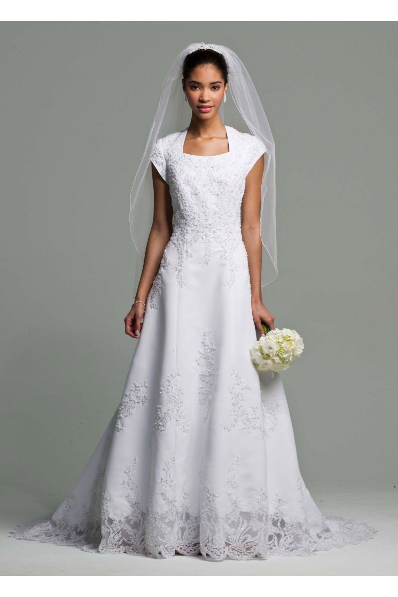 Wedding Dresses With Short Sleeves
 Short Sleeve Satin Gown with Beaded Lace Style SLV9453