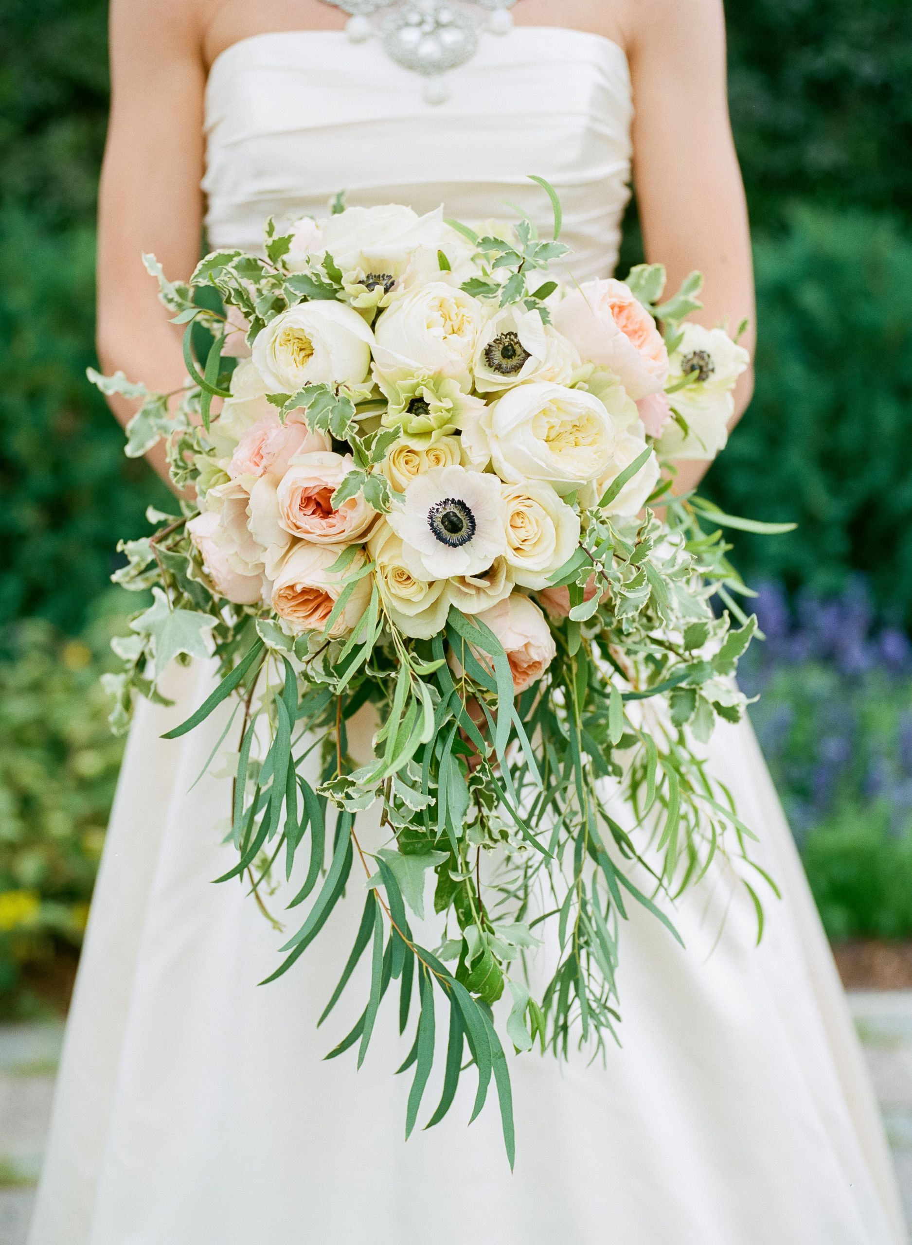 Wedding Flower Pictures
 Romantic Cascading Ivory Blush Bridal Bouquet with Greens