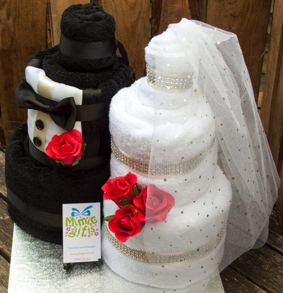 Wedding Gift Basket Ideas For Bride And Groom
 Items similar to Wedding t towel cake bride & groom