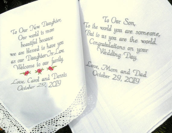 Wedding Gift Ideas For Son And Daughter In Law
 Embroidered Wedding Handkerchiefs Wedding Gift Daughter and