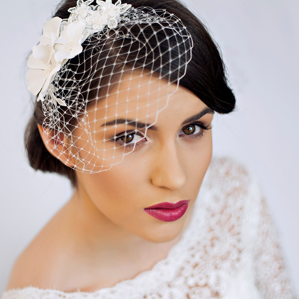 Wedding Hair With Birdcage Veil
 Small Birdcage Veil with Cherry Blossom in Ivory Bridal Hair