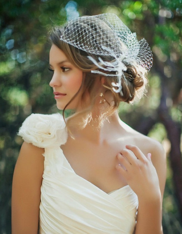 Wedding Hair With Birdcage Veil
 side bun with birdcage veil
